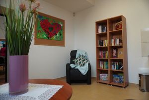 Wnętrze domu: regał i fotel