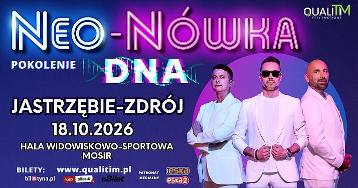 Kabaret Neo-Nówka z programem „Pokolenie DNA” w Jastrzębiu-Zdroju, 18.10.2026 r. w Hali MOSiR. Po prawej trzech członków w białych garniturach. Bilety na qualitim.pl i w serwisach
