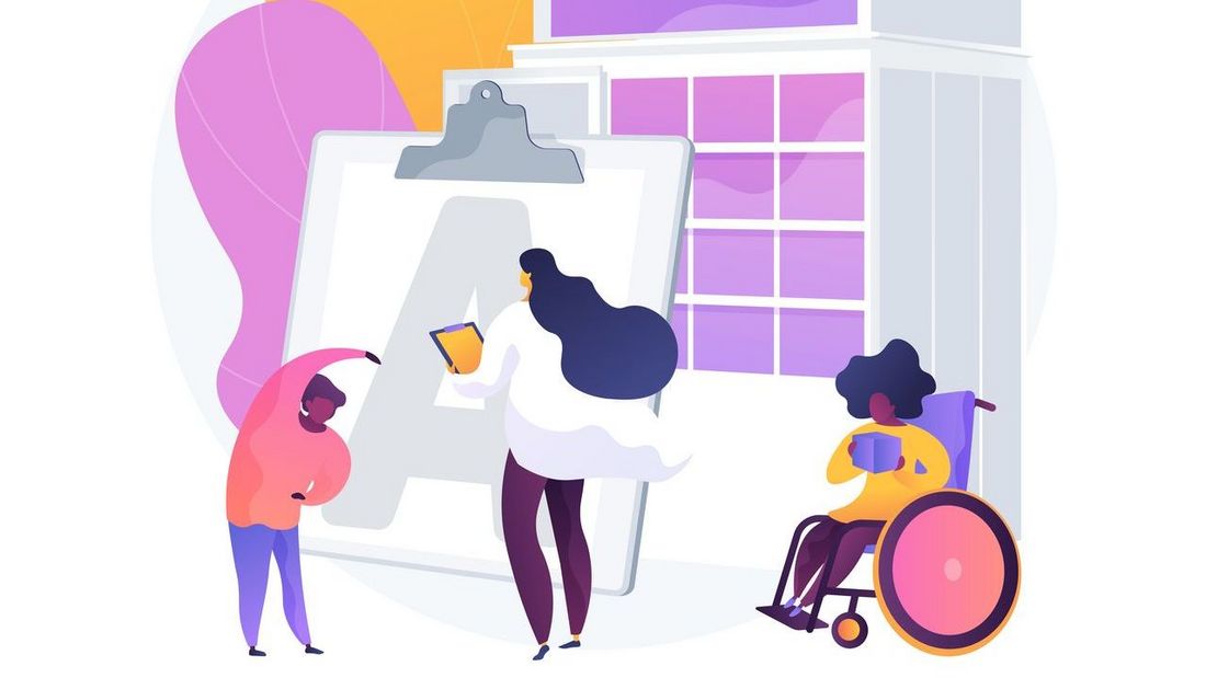 Zdjęcie poglądowe przedstawiające osobę w bydynku dostosowanym dla niepełnosprawnych. 