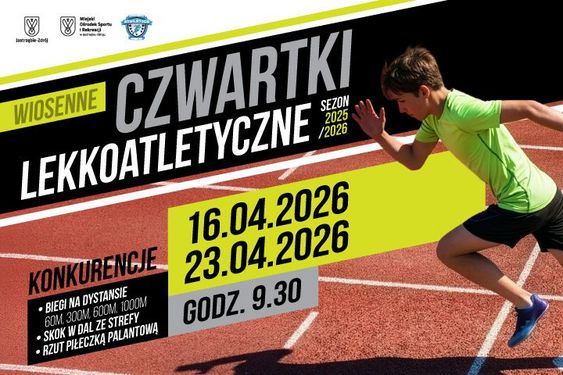 „Wiosenne Czwartki Lekkoatletyczne 2025/2026” w Jastrzębiu-Zdroju. 16 i 23 kwietnia 2026, godz. 9:30. Konkurencje: biegi (60m, 300m, 600m, 1000m), skok w dal, rzut piłeczką palantową. Na zdjęciu młody biegacz na czerwonej bieżni