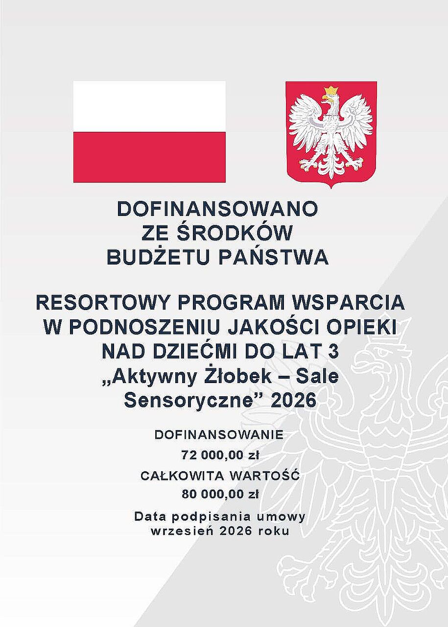 Resortowy program wsparcia w podnoszeniu jakości opieki nad dziećmi do lat 3 „Aktywny żłobek – sale sensoryczne” 2026. Dofinansowanie z budżetu państwa: 72 000 zł, wartość całkowita: 80 000 zł. Umowa podpisana we wrześniu 2026 r.