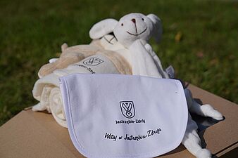 Elementy wyprawki dla dziecka: śliniak, kocyk i maskotka.