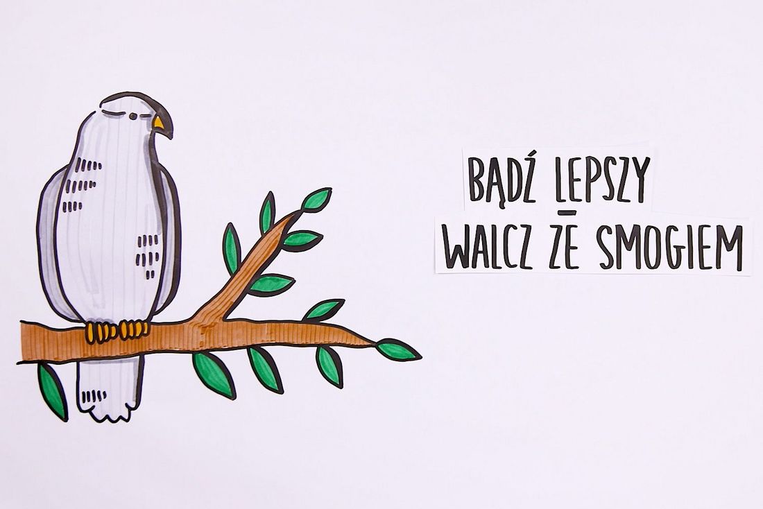 Rysunek przedstawiajacy ptaka siedzącego na gałęzi, obok napis: bądź lepszy, walcz ze smogiem