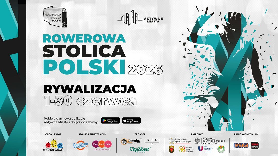 Plakat „Rowerowa Stolica Polski 2026”. Rywalizacja rowerowa trwa od 1 do 30 czerwca. Turkusowo-czarna grafika postaci. Widoczne logotypy Aktywne Miasta, Bydgoszczy, sponsorów, patronów i partnerów medialnych
