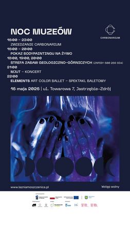 Noc Muzeów w Carbonarium, 16.05.2026 r. W programie: zwiedzanie (16-23), warsztaty (od 18), koncert Mjut (21:00) oraz spektakl Art Color Ballet (22:00). Wstęp wolny. Zapisy na warsztaty: 600 266 934. Szczegóły: lazniamoszczenica.pl