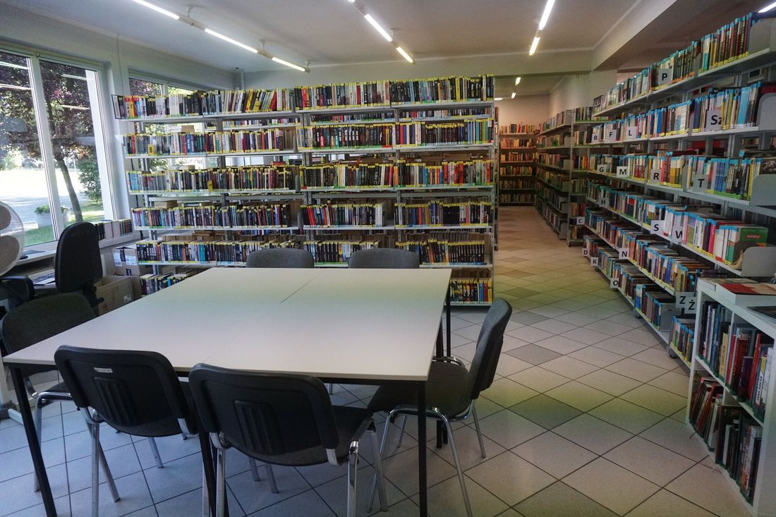 Zdjęcie przedstawia wnętrze biblioteki. 