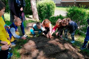 Dzieci sadzą nasiona w ogródku.