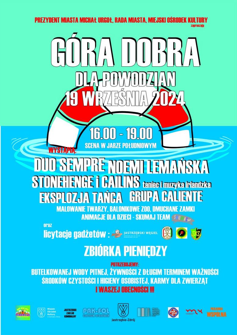 Grafika przedstawia informacje o wydarzeniu "Góra doba dla powodzian"