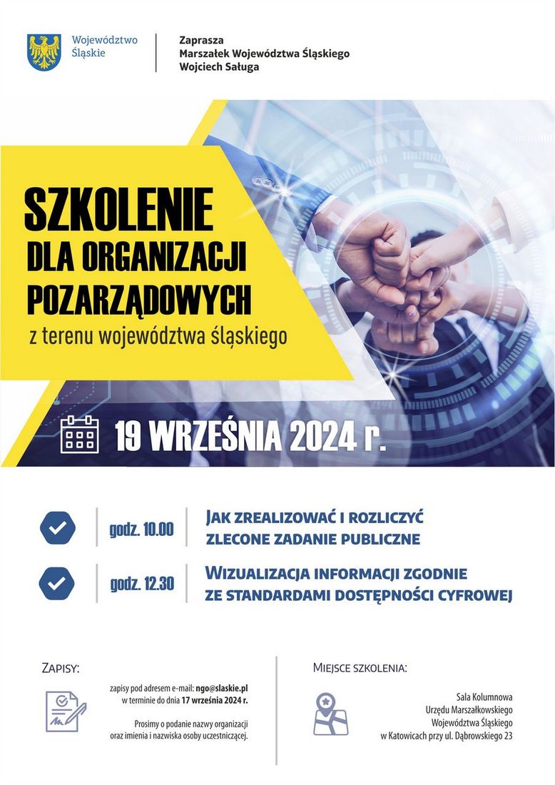 Grafika przedstawia plakat promujący szkolenia dla organizacji pozrządowych.