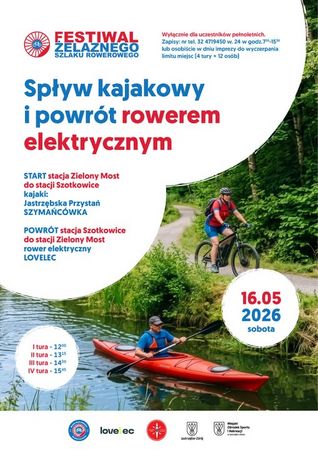 Spływ kajakowy i powrót rowerem elektrycznym, 16.05.2026 r. Start: Zielony Most. Wyłącznie dla pełnoletnich. Zapisy: 32 4719450 w. 24. Cztery tury (od 12:00 do 15:45). Na zdjęciach rowerzystka na szlaku oraz mężczyzna w kajaku