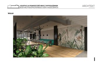 część restauracyjna z zielonymi roslinami, malunkami kwiatów na ścianie i zielonymi kanapami