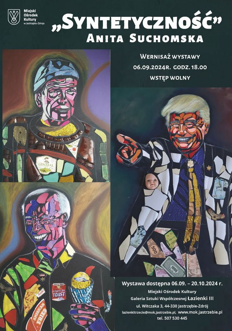 Plakat zapowiadający wernisaż wystawy Anity Suchomskiej „Syntetyczność” w Galerii Sztuki Współczesnej Łazienki III.