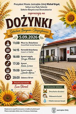 Dożynki Sołectw Borynia i Skreczkowice (5 września 2026 r.). W programie: Msza św. o 11:00, korowód o 14:15, koncerty od 16:00 (Druga Młodość, Kasia Lorenc, Jambo Africa), zabawa z DJ-em o 20:00 oraz dmuchańce i animacje dla dzieci