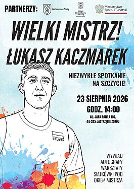 Spotkanie z Łukaszem Kaczmarkiem 23.08.2026 o 14:00 w Jastrzębiu-Zdroju. W programie: wywiad, autografy i warsztaty siatkówki. Grafikę zdobi czarno-biały rysunek siatkarza