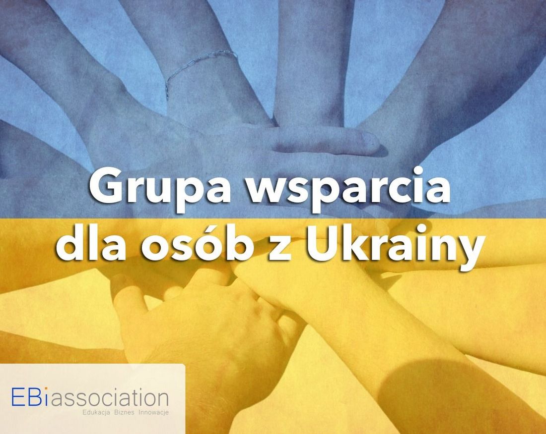 grafika w kolorach żółto-niebieskim z tekstem: grupa wsparcia dla osób z Ukrainy