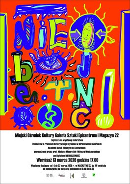 Kolorowy, abstrakcyjny plakat wystawy malarstwa studentów ASP w Katowicach pt. „NIEDO-OBJĘTNOŚĆ”. Wernisaż 13 marca 2026 o 17:00 w Galerii Epicentrum i Magazynie 22 w Jastrzębiu-Zdroju