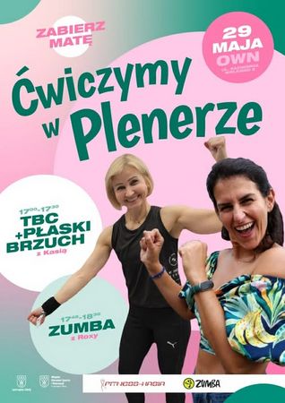 „Ćwiczymy w Plenerze”, 29 maja, OWN Jastrzębie-Zdrój. Program: 17:00 TBC + Płaski Brzuch z Kasią, 17:45 Zumba z Roxy. Organizatorzy: Miasto i MOSiR. Zabierz własną matę!