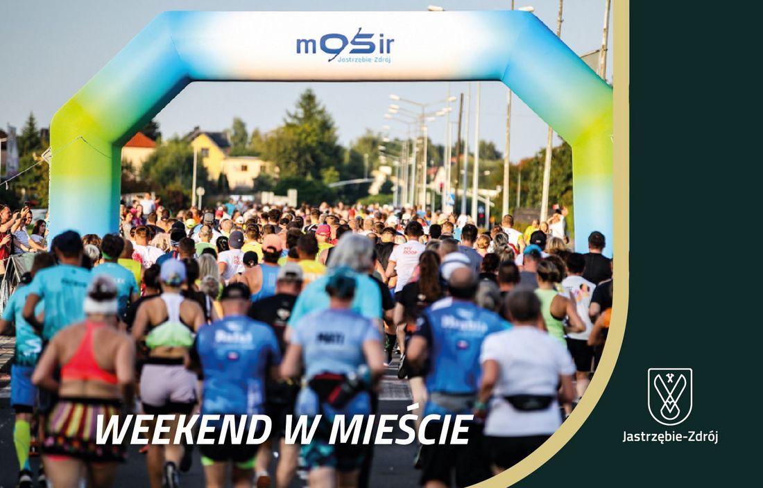 Uczestnicy biegu ulicznego widziani od tyłu, startują spod kolorowej bramy MOSiR Jastrzębie-Zdrój. W tle miasto i drzewa. Na grafice widoczny napis „Weekend w mieście” oraz logo Jastrzębia-Zdroju