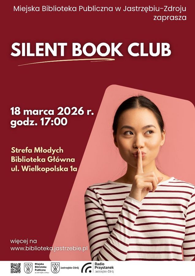 Kobieta z palcem na ustach na znak ciszy. Poniżej logotypy: Miejskiej Biblioteki, Jastrzebia-Zdrój, Radia Przystanek