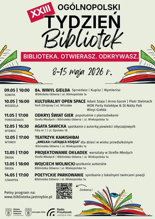 Plakat XXIII Ogólnopolskiego Tygodnia Bibliotek w Jastrzębiu-Zdroju (8–15 maja 2026). Zawiera harmonogram wydarzeń: giełdę winyli, spotkania autorskie i warsztaty. Kolorowa grafika z motywem otwartych książek