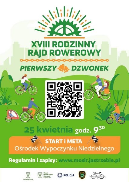 Plakat w tonacji zielonej. Kod qr i logotypy: Miejskiego Ośrodka Sportu i Rekreacji, Policji, Straży Miejskiej i Wiercipięty