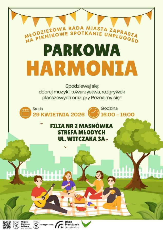 Parkowa Harmonia – piknikowe spotkanie unplugged Młodzieżowej Rady Miasta. 29 kwietnia 2026 r., godz. 16:00–19:00, Filia nr 2 Masnówka. Ilustracja grupy młodych ludzi na pikniku w parku