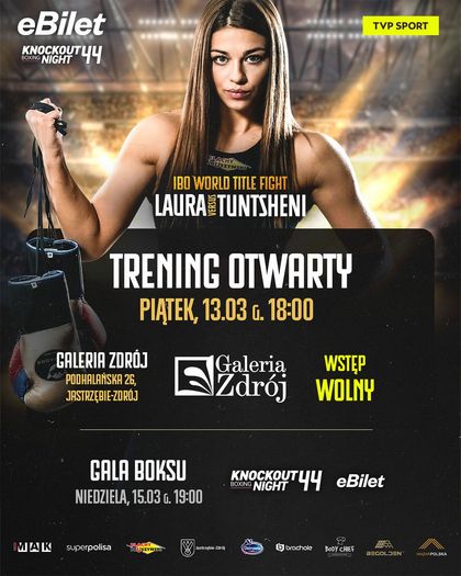 Plakat promujący trening otwarty przed walką o pas IBO. Data: piątek 13.03, godz. 18:00 w Galerii Zdrój (ul. Podhalańska 26, Jastrzębie-Zdrój). Wstęp wolny. Na zdjęciu pięściarka z przewieszonymi rękawicami bokserskimi