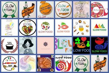 Kolaż składający się z 24 logotypów i rysunków konkursowych z napisem „Slow Food” oraz logo eTwinning