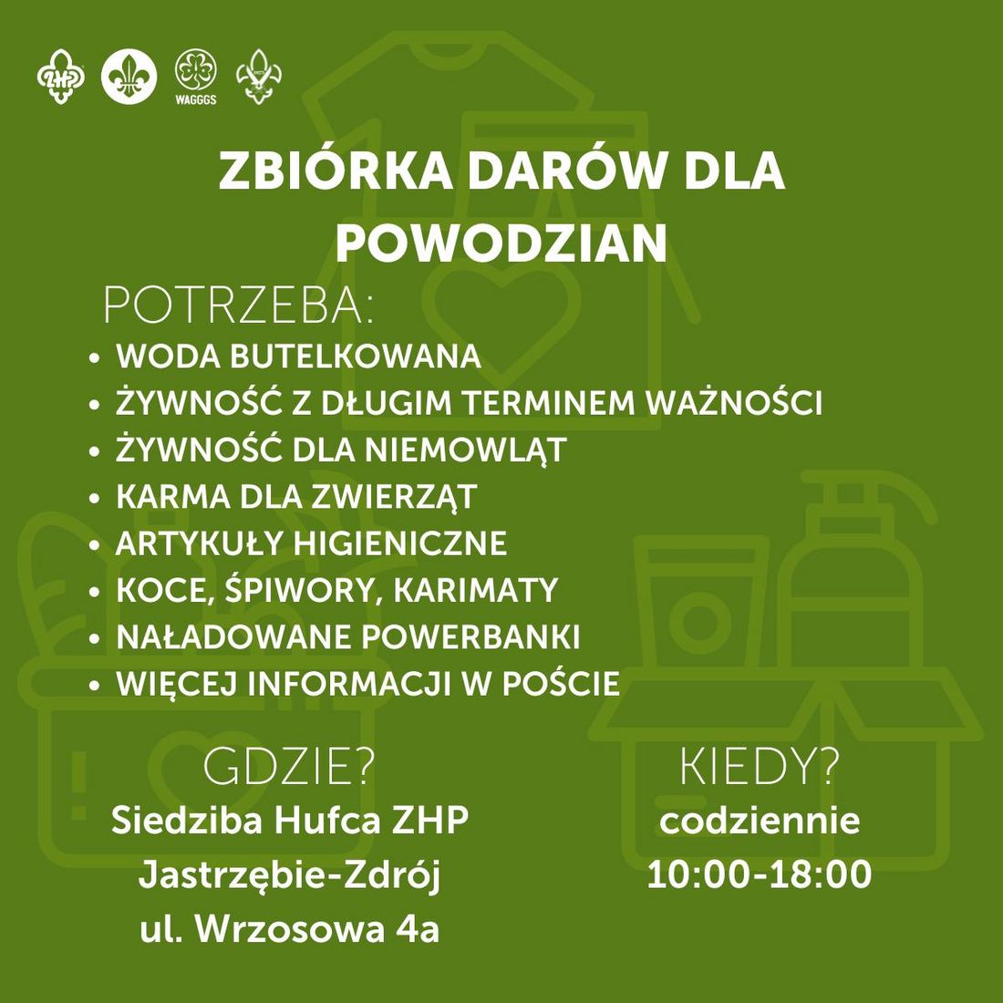 Plakat zachęca do wzięcia udziału w akcji pomocowej. 