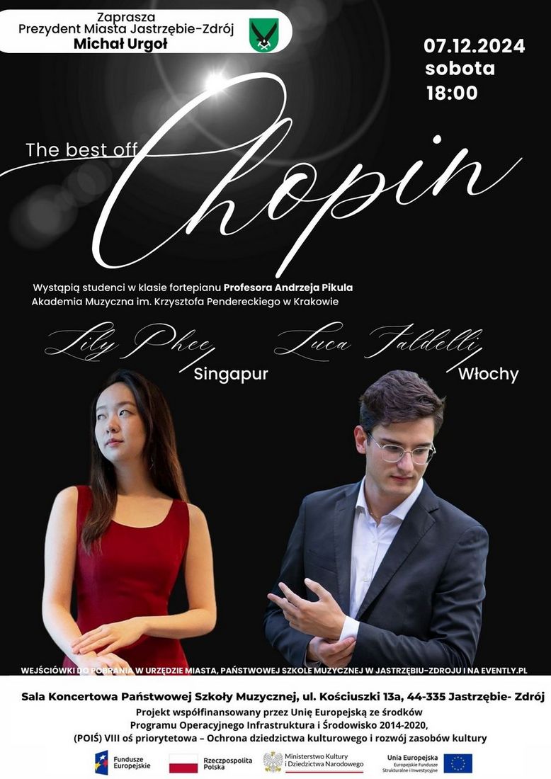Grafika przedstawia inforamcje o koncercie The best of Chopin" oraz artystów