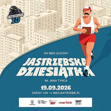 XIV Biegu Ulicznego Jastrzębska Dziesiątka. Data: 19.09.2026. Zapisy od 1.05 na biegjastrzebie.pl. Ilustracja biegacza na tle osiedla i logo z jastrzębiem