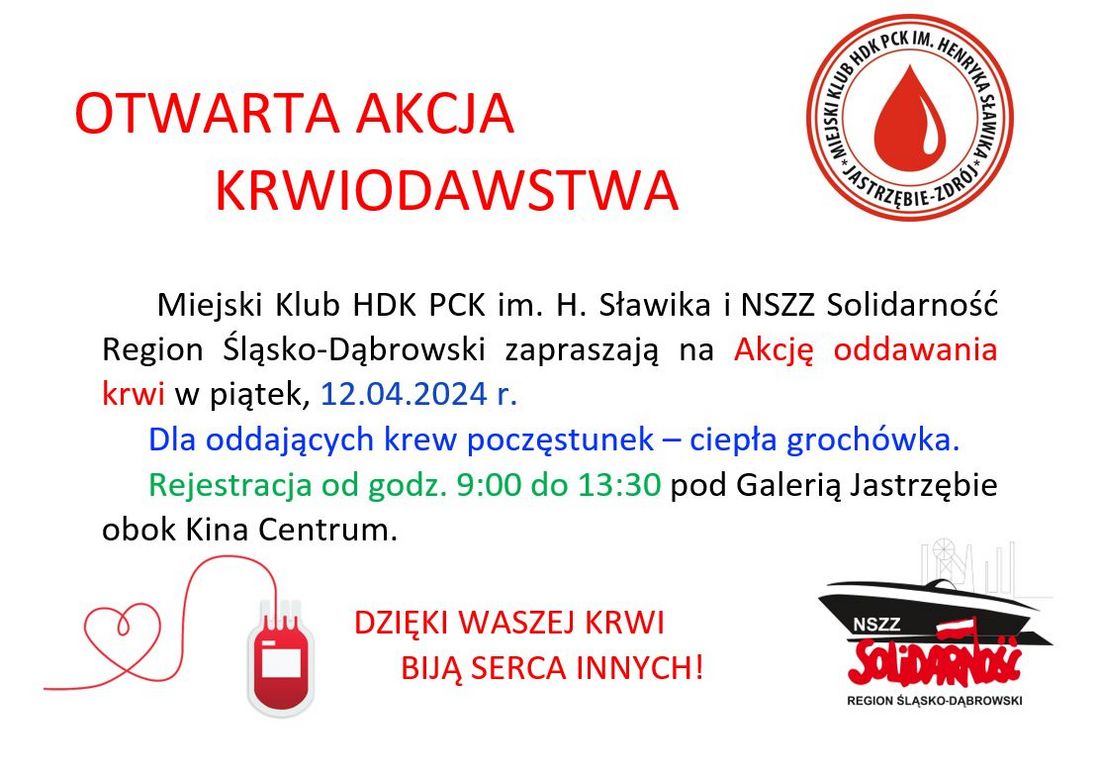 Zdjęcie przedstawia plakat zapowiadający akcję krwiodawsta w Jastrzębiu-Zdroju.
