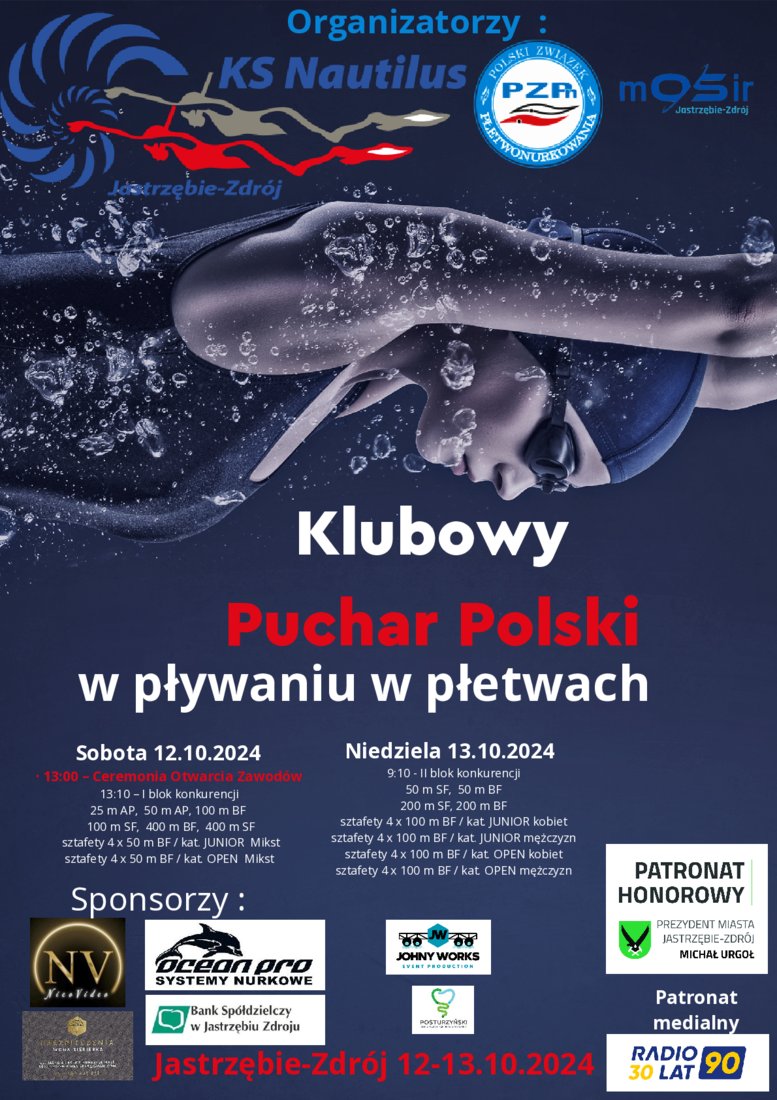 Grafika przedstawia informacje o Pucharze Polski w Pływaniu w płetwach