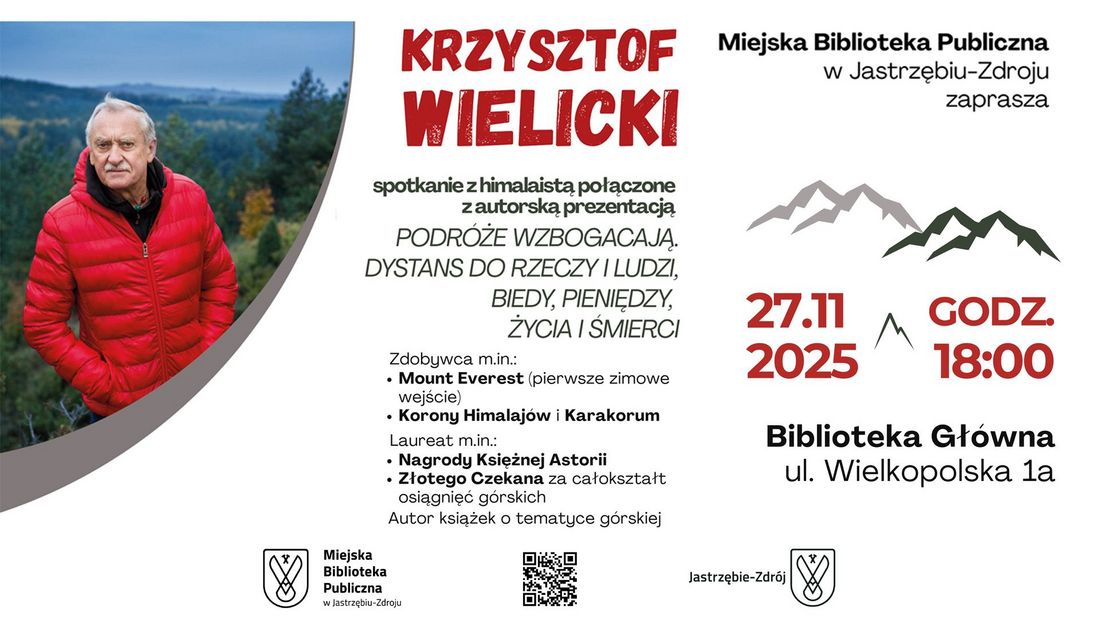 Plakat zawiera zdjęcie gościa w czerwonej kurtce, opis jego osiągnięć oraz tytuł prezentacji: „Podróże wzbogacają”