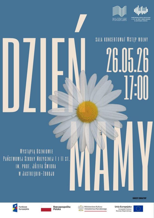U góry logotypy Sali Koncertowej oraz Państwowej Szkoły Muzycznej. Na dole logotypy: Fundusze Europejskie, Rzeczpospolita Polska, Ministerstwo Kultury i Dziedzictwa Narodowego oraz Unia Europejska – Europejski Fundusz Rozwoju Regionalnego