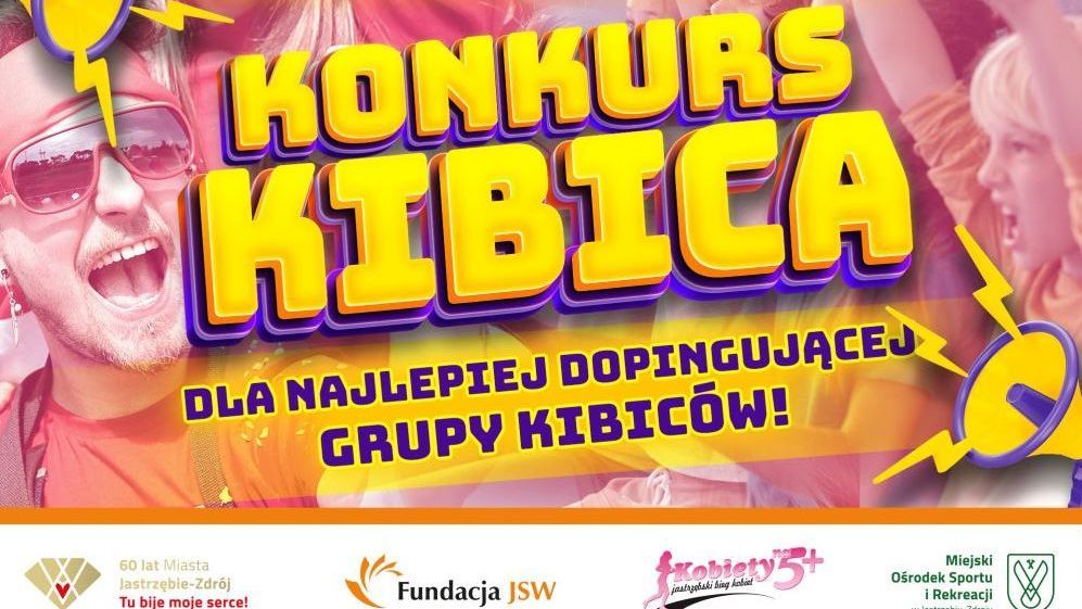 Konkurs Kibica dla najlepiej dopingującej grupy kibiców. Widoczni entuzjastyczni fani. Logotypy: 60 lat Jastrzębia-Zdroju, Fundacja JSW, Kobiety 5+, MOSiR