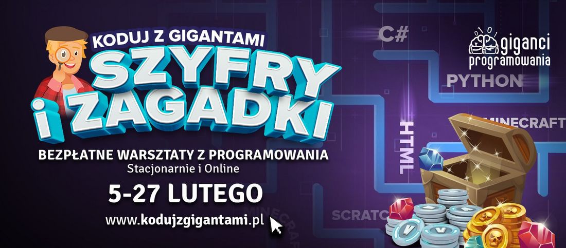 Grafika z napisem Koduj z gigantami: Szyfry i zagadki