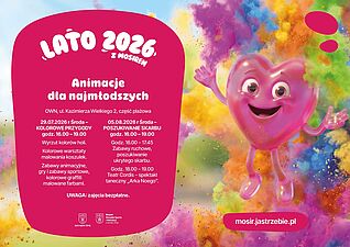 Plakat „Lata 2026 z MOSiRem – Animacje dla najmłodszych” w OWN (ul. Kazimierza Wielkiego 2). Bezpłatne zabawy dla dzieci, gry i spektakl Teatru Cordis w środy 29.07 i 05.08 w godz. 16:00–19:00