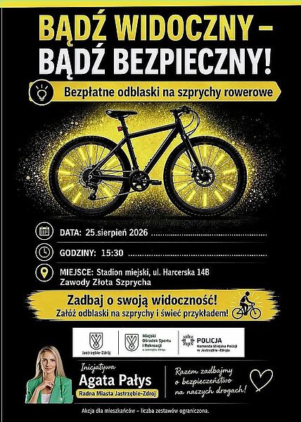 Kampania „Bądź widoczny - bądź bezpieczny!”. Darmowe odblaski na szprychy dla mieszkańców Jastrzębia-Zdroju. Data i miejsce wydarzenia: 25.08.2026 r., Stadion Miejski