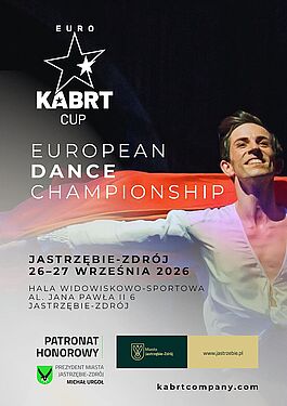 Euro Kabrt Cup – European Dance Championship, które odbędzie się w dniach 26–27 września 2026 r. w Hali Widowiskowo-Sportowej w Jastrzębiu-Zdroju. Na plakacie widnieje tancerz z czerwoną tkaniną