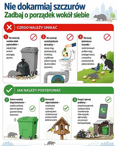 Infografika dotycząca czego unikać, żeby nie dokarmiać szczurów opisana również w powyższym poradniku