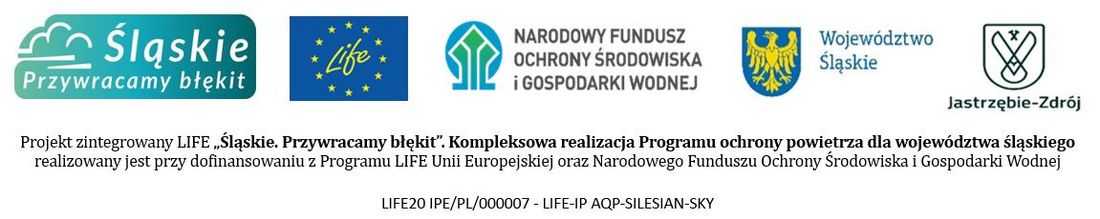 Logotypy: „Śląskie. Przywracamy błękit”: program LIFE Unii Europejskiej, Narodowy Fundusz Ochrony Środowiska i Gospodarki Wodnej, Województwo Śląskie oraz Miasto Jastrzębie-Zdrój. Poniżej informacja o projekcie zintegrowanym LIFE „Śląskie. Przywracamy błękit” – kompleksowej realizacji Programu ochrony powietrza dla województwa śląskiego, współfinansowanym przez Program LIFE UE oraz NFOŚiGW. Numer projektu: LIFE20 IPE/PL/000007 – LIFE-IP AQP-SILESIAN-SKY.