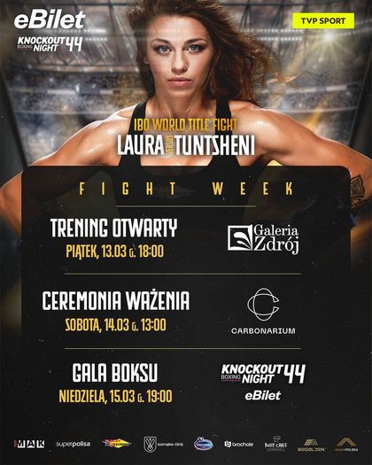 Plakat Knockout Boxing Night 44: Laura Grzyb vs Tuntsheni. Harmonogram: trening otwarty (pt. 13.03, 18:00), ważenie (sob. 14.03, 13:00) i gala boksu (nd. 15.03, 19:00). Logo TVP Sport i eBilet na tle bokserskiego ringu