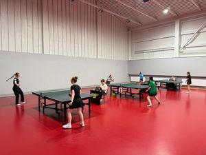 rozgrywki dziewcząt przy zielonych stołach na czerwonej podłodze