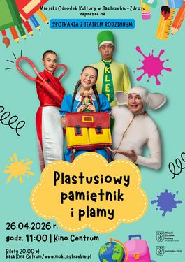 Barwny plakat spektaklu dla dzieci „Plastusiowy pamiętnik i plamy”. Czworo aktorów w bajkowych kostiumach na błękitnym tle z przyborami szkolnymi. 26 kwietnia 2026 r., godz. 11:00, Kino Centrum.