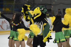 Maskotka JKH tańczy z cheerleaderkami.