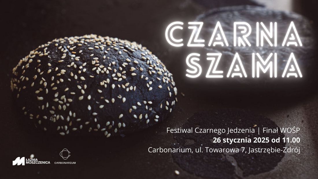 Czarna bułka z sezamem na ciemnym tle. Logotypy: Łaźnia Moszczenica, Carbonarium