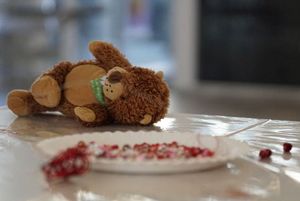 Miś leżący ana stole podczas warsztatów