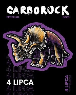 Festiwal Carborock 2026. Na czarnym tle fioletowo-żółta grafika triceratopsa. Duży napis „4 LIPCA” informujący o dacie wydarzenia w Łaźni Moszczenica w Jastrzębiu-Zdroju