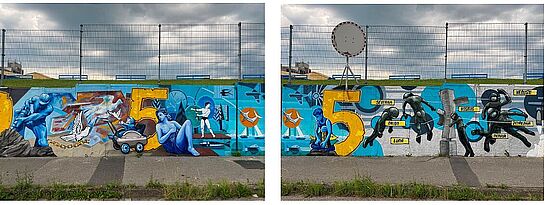 Mural na murze przedstawia niebieskie postacie na błękitnym tle, inspirowane kosmosem i rzeźbami. Widnieje tam duża żółta cyfra 5 oraz etykiety: Severka, Orion, Luna, Kosmos, Venuse i Merkuri